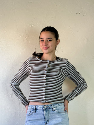 LSKT Multi Stripe Button Front Top by SUNDAY EDITION BY LE LIS, featuring colorful stripes and front buttons on lightweight fabric.