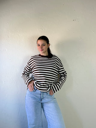 Waffle Knit Striped Top | Brown/Ivory