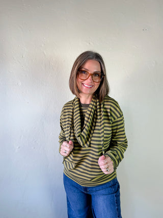 Striped Longsleeve with Detachable Scarf | Olive/Sage