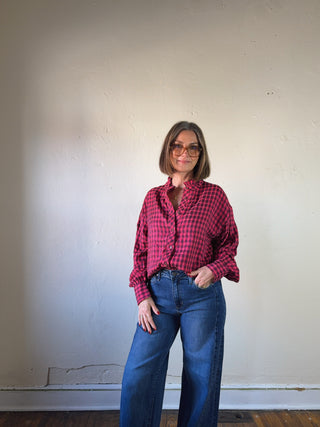 Fuchsia and Black Gingham Ruffle Blouse