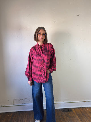 Fuchsia and Black Gingham Ruffle Blouse
