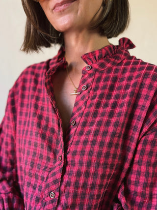 Fuchsia and Black Gingham Ruffle Blouse