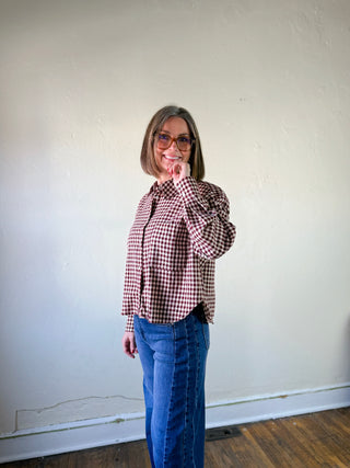 Burgundy and Cream Gingham Button-Up Shirt
