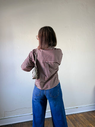 Burgundy and Cream Gingham Button-Up Shirt