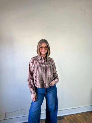 Burgundy and Cream Gingham Button-Up Shirt