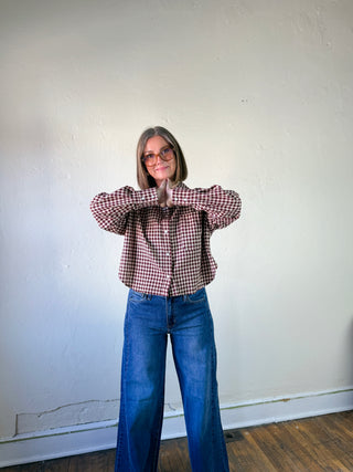 Burgundy and Cream Gingham Button-Up Shirt