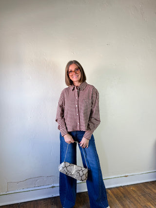 Burgundy and Cream Gingham Button-Up Shirt