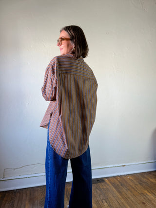 Oversized Striped Oxford Button Up Shirt | Brown/Blue