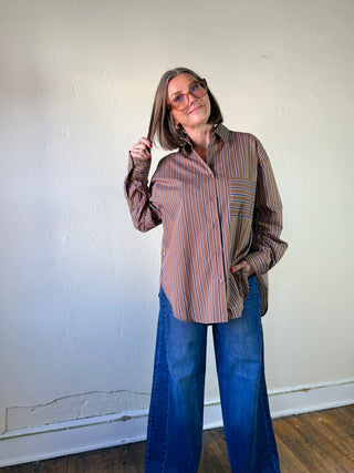 Oversized Striped Oxford Button Up Shirt | Brown/Blue