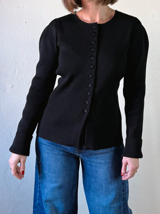 Fitted Ribbed Button Cardigan | Black