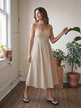 Boardwalk Stripe Basque Midi Dress | Brown