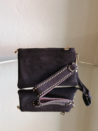Chocolate brown suede wristlet bag from Most Wanted USA with a sleek, compact design and wrist strap for easy carrying.