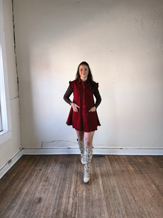 Olivaceous DMIN Willow ruffle hem shirt dress in soft fabric with a button-front design and ruffled hem detail.
