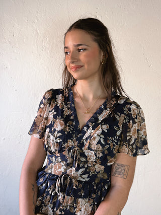 Bluebell Romance floral tiered maxi dress by BLU PEPPER, featuring a flowing design and vibrant bluebell print.