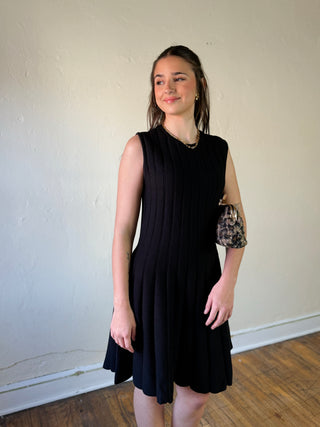 She + Sky sleeveless flare sweater dress in soft knit fabric, styled for a casual look, shown on a model.