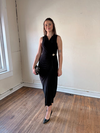 Elegant midnight blue draped midi dress by SUNDAY EDITION BY LE LIS, featuring flowing fabric and sophisticated design.