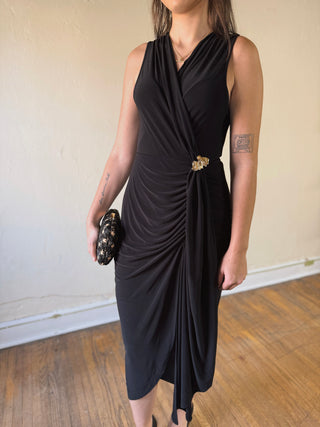 SUNDAY EDITION BY LE LIS Midnight Luxe Draped Midi Dress, black fabric with elegant draping and a sophisticated silhouette.