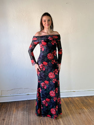 HYFVE Midnight Bloom off-shoulder mesh maxi dress, flowing black dress with sheer fabric and elegant off-shoulder design.