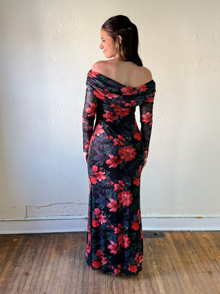 HYFVE Midnight Bloom off-shoulder mesh maxi dress with flowing fabric and elegant design, perfect for formal occasions.