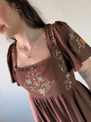 BLU PEPPER Meadow Song embroidered midi dress with floral details, featuring a flowing silhouette and intricate embroidery.
