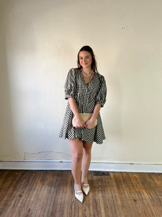 MOD REF Aileen Gingham Babydoll Dress in black and white DMIN style, featuring a flowy silhouette and gingham pattern.