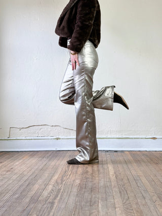 Gold metallic coated high waist straight leg pants by Molly Bracken, shown in a stylish image.