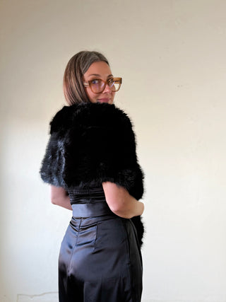 Black FWJK Faux Fur Capelet Shawl by FASHION CITY, showing soft, luxurious faux fur fabric draped over shoulders.
