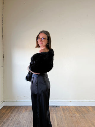 Black FWJK faux fur capelet shawl by FASHION CITY, showing a luxurious textured fur design and draped silhouette.