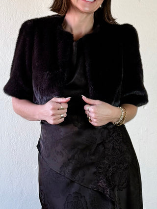 Love Tree short sleeve faux fur cropped jacket in espresso, stylish outerwear with a soft, plush texture.