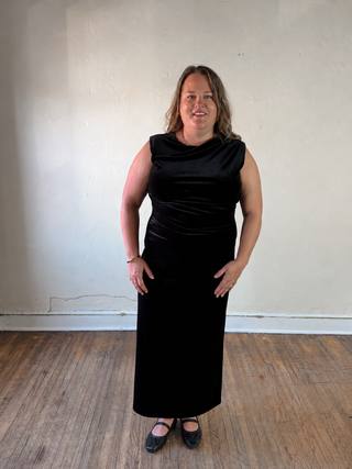Black sleeveless velvet midi dress with ruched detail from Stevie Jane, featuring an extended size PDRS design.