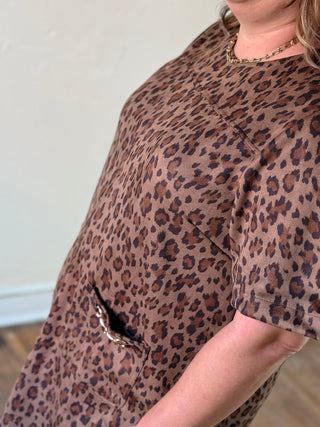 Extended size ENTRO leopard shift dress for equestrian style, featuring a sleek, fitted design with bold animal print.