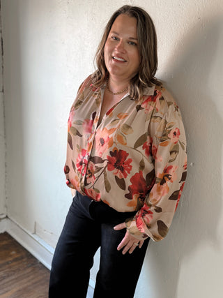 COZY CO taupe multi floral satin button-up blouse, extended size women's top with long sleeves