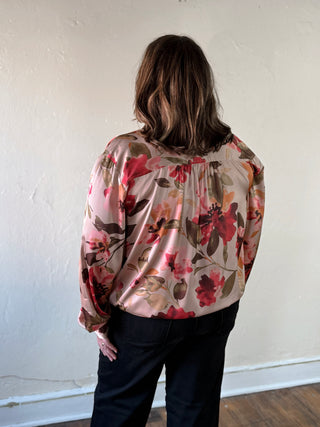 COZY CO extended size taupe multi floral satin button-up blouse with long sleeves and collared neckline