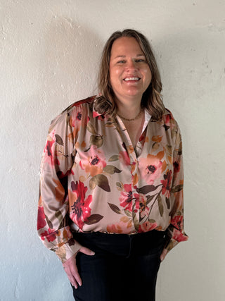 COZY CO extended size taupe multi floral satin button-up blouse with long sleeves