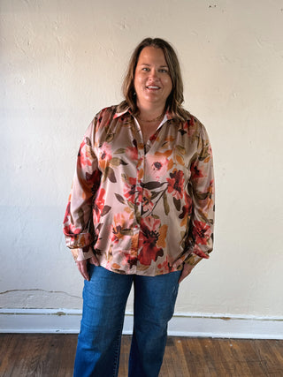 COZY CO extended size taupe multi floral satin button-up blouse