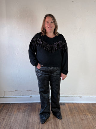 Grey and black coated leopard print straight leg pants by Molly Bracken, showing the textured fabric and stylish design.