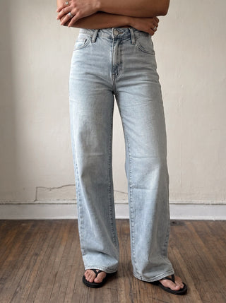 Light wash stretchy wide-leg jeans from JUST BLACK DENIM, featuring a relaxed fit and classic denim details.