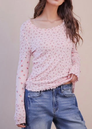 Pink + Pink Floral Printed Lettuce Hem Fitted Knit Top