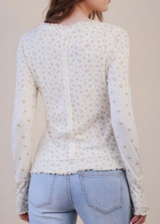 Pink + White Floral Printed Lettuce Hem Fitted Knit Top