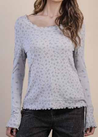 Grey + Blue Floral Printed Lettuce Hem Fitted Knit Top