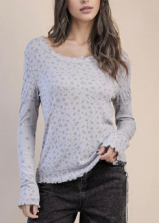 Grey + Blue Floral Printed Lettuce Hem Fitted Knit Top