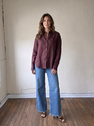 OLIVACEOUS LGSLV Everyday Linen Button Down Shirt in neutral tones, shown on a hanger with a casual fit and textured fabric.
