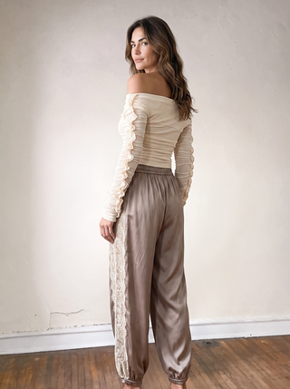 Sutton Lace Trim Satin Blouson Pants | Mocha