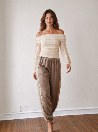 Sutton Lace Trim Satin Blouson Pants | Mocha
