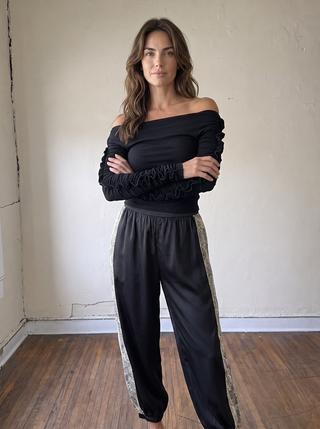 Sutton Lace Trim Satin Blouson Pants | Black