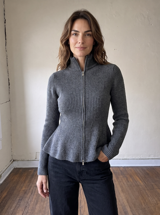 Sculpted Rib Zip Cardigan | Charcoal