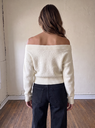 MABLE soft focus off-shoulder cardigan, light knit fabric, draped design, and relaxed fit displayed in the image.