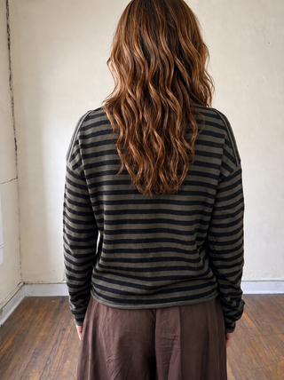 Elina Striped Collar Knit Top | Black/Olive