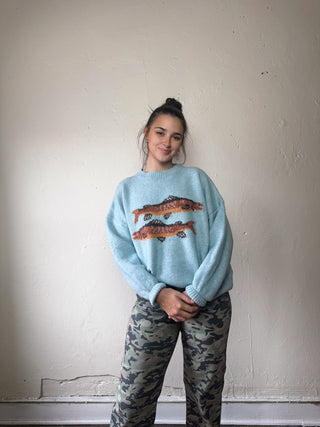 Blue BAILEY ROSE Trout Graphic Knit Sweater, featuring a detailed trout design on soft knit fabric.