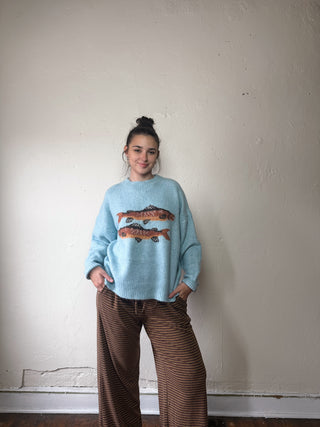 Blue Bailey Rose Trout graphic knit sweater with a detailed trout design, cozy and stylish for casual wear.